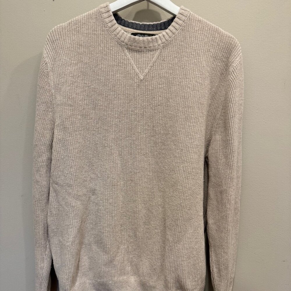Eddie Bauer Cotton Crewneck Sweater – Beige Knit Pullover – Size Small